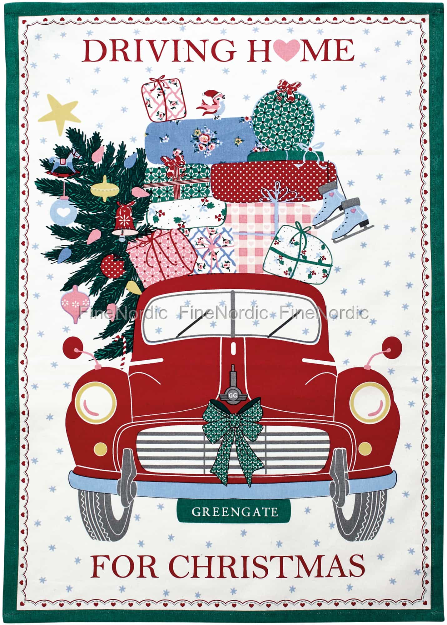 GreenGate Tea Towel Christmas Car Red Pieceprinted
