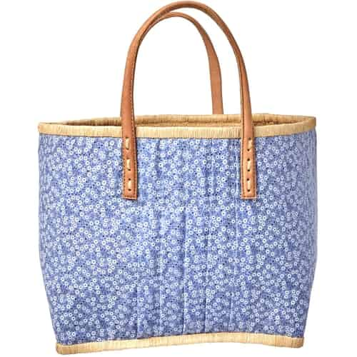 Rice Raffia Shopping Bag - Fabric Covered - Leather Handles - Blue ...