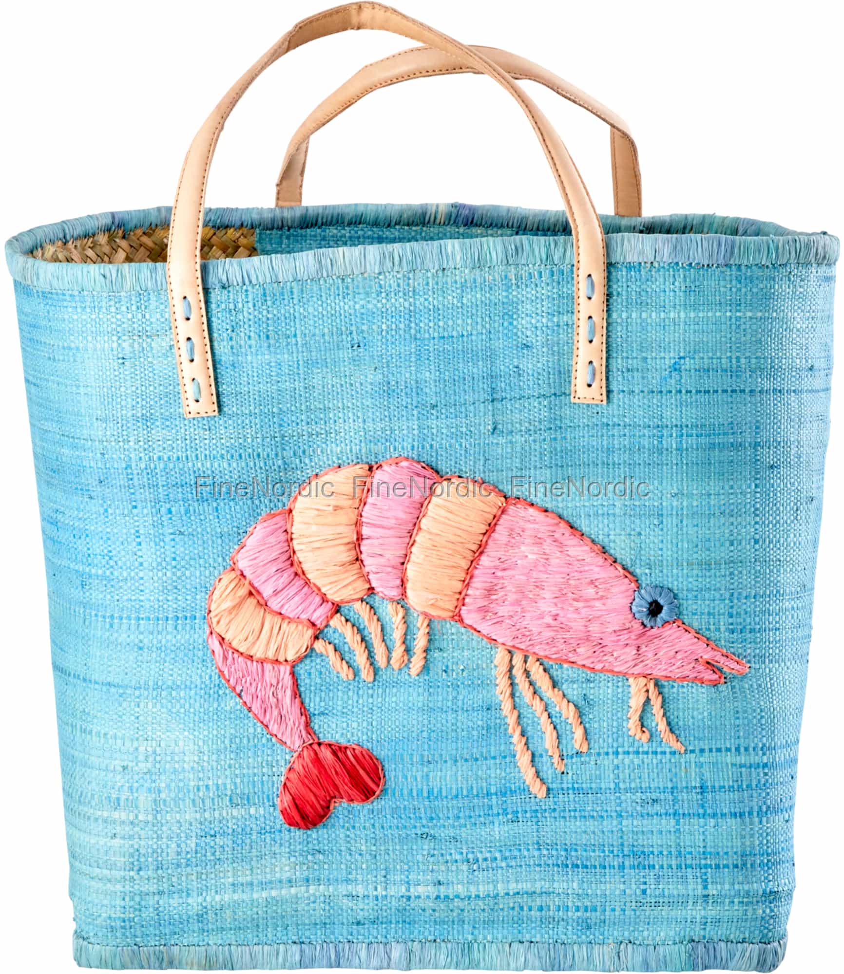 Rice Raffia Shopping Bag Blue with Embroidered Shrimp Leather