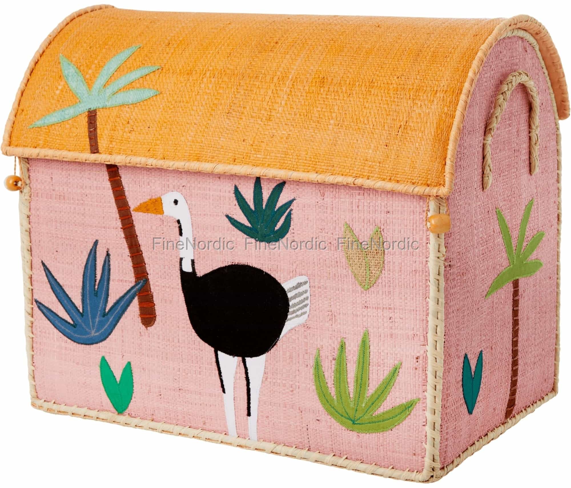 Rice Raffia Toy Basket - Jungle Theme - Soft Pink - Medium