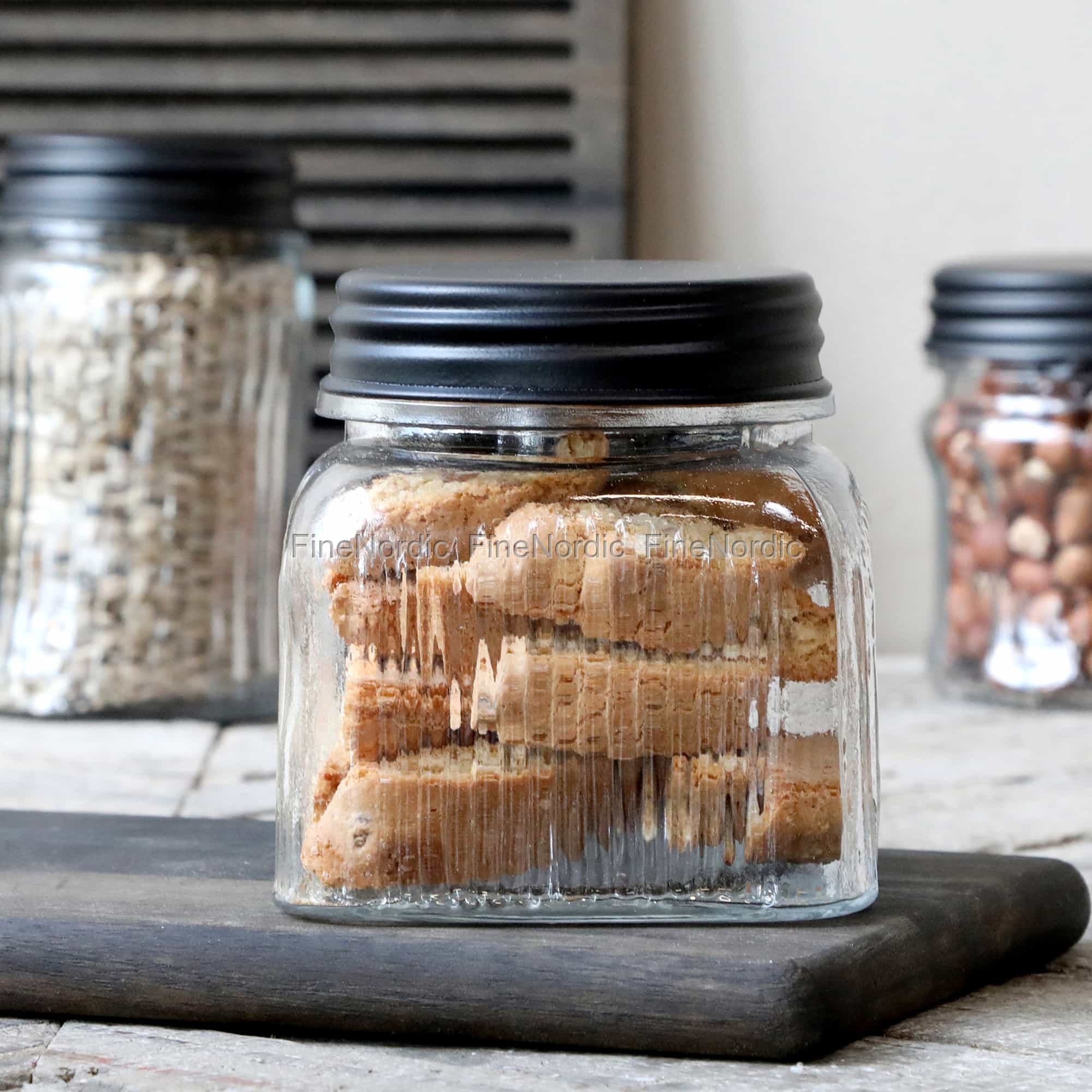 Chic Antique Storage Jar with Grooves Black Lid H11,5/Ø13,5 cm