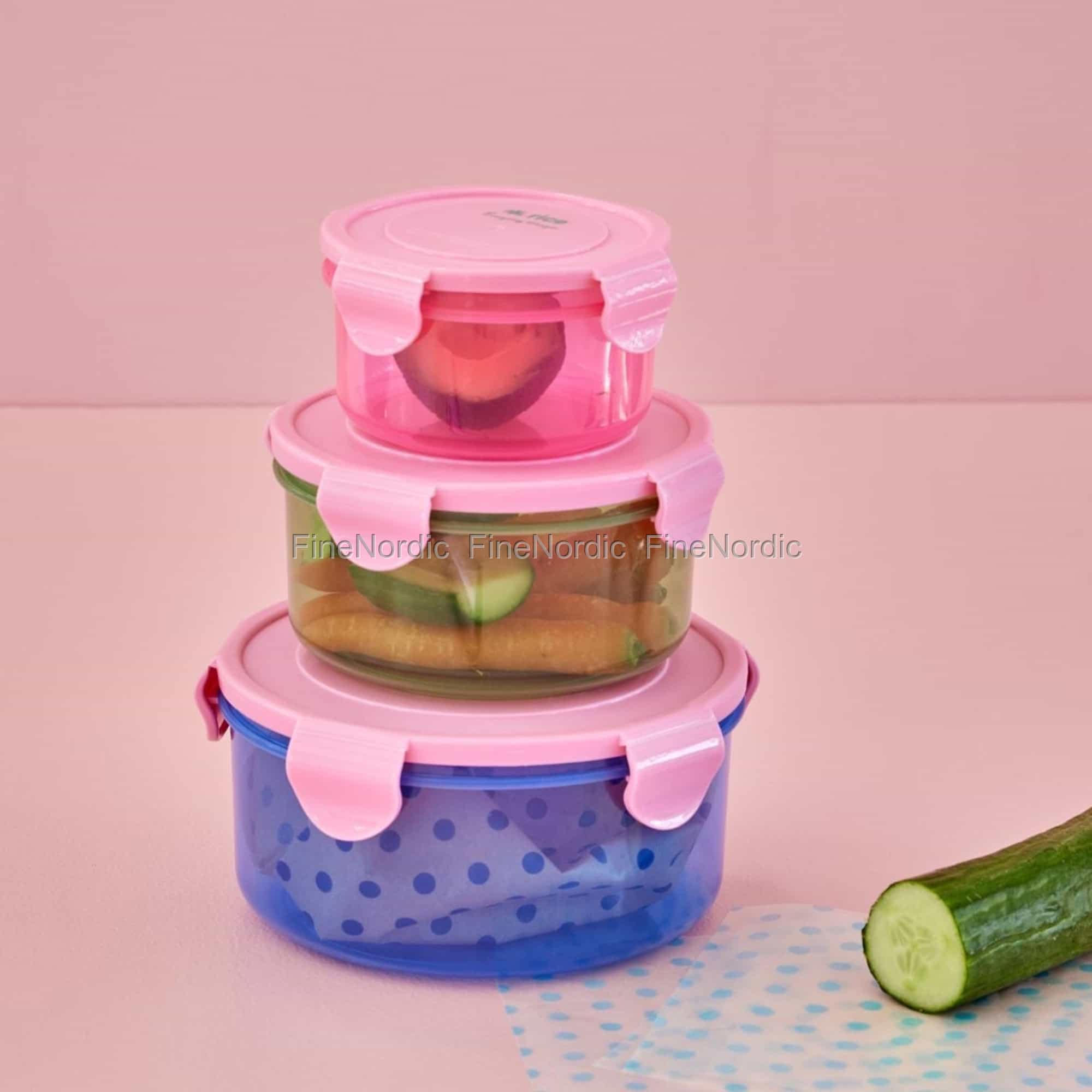 Rice Plastic Food Boxes - Round - Pink Lid - Set of 3