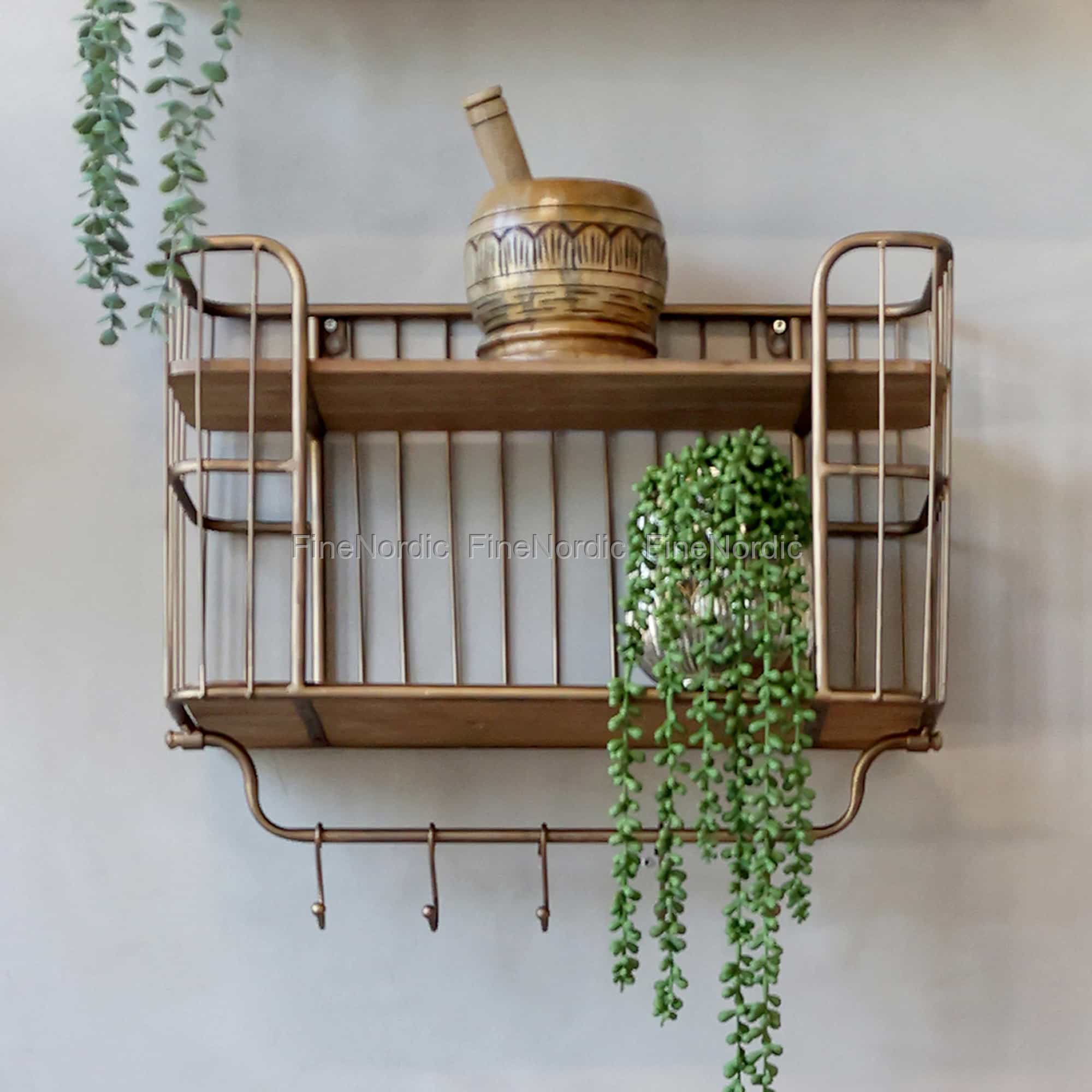 Chic Antique Old Look Shelf with Hooks Antique Brass